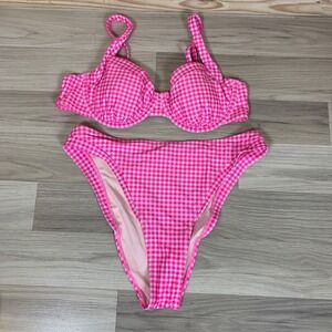 SUUKSESS Bikini Womens Large Pink Gingham Underwire High Cut Retro Swimsuit